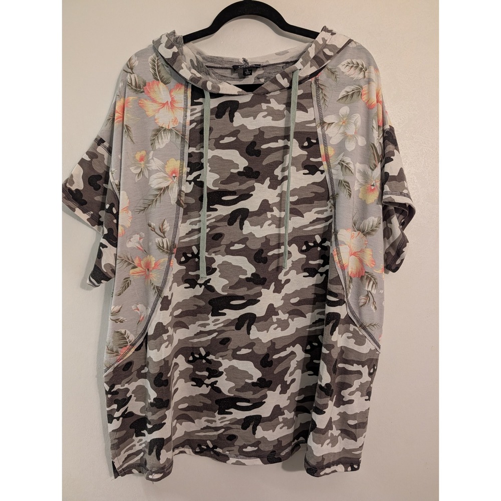 GIGIO USA Womens Camo Floral Mixed Media Hoodie Short Sleeve Grey Large TC1815